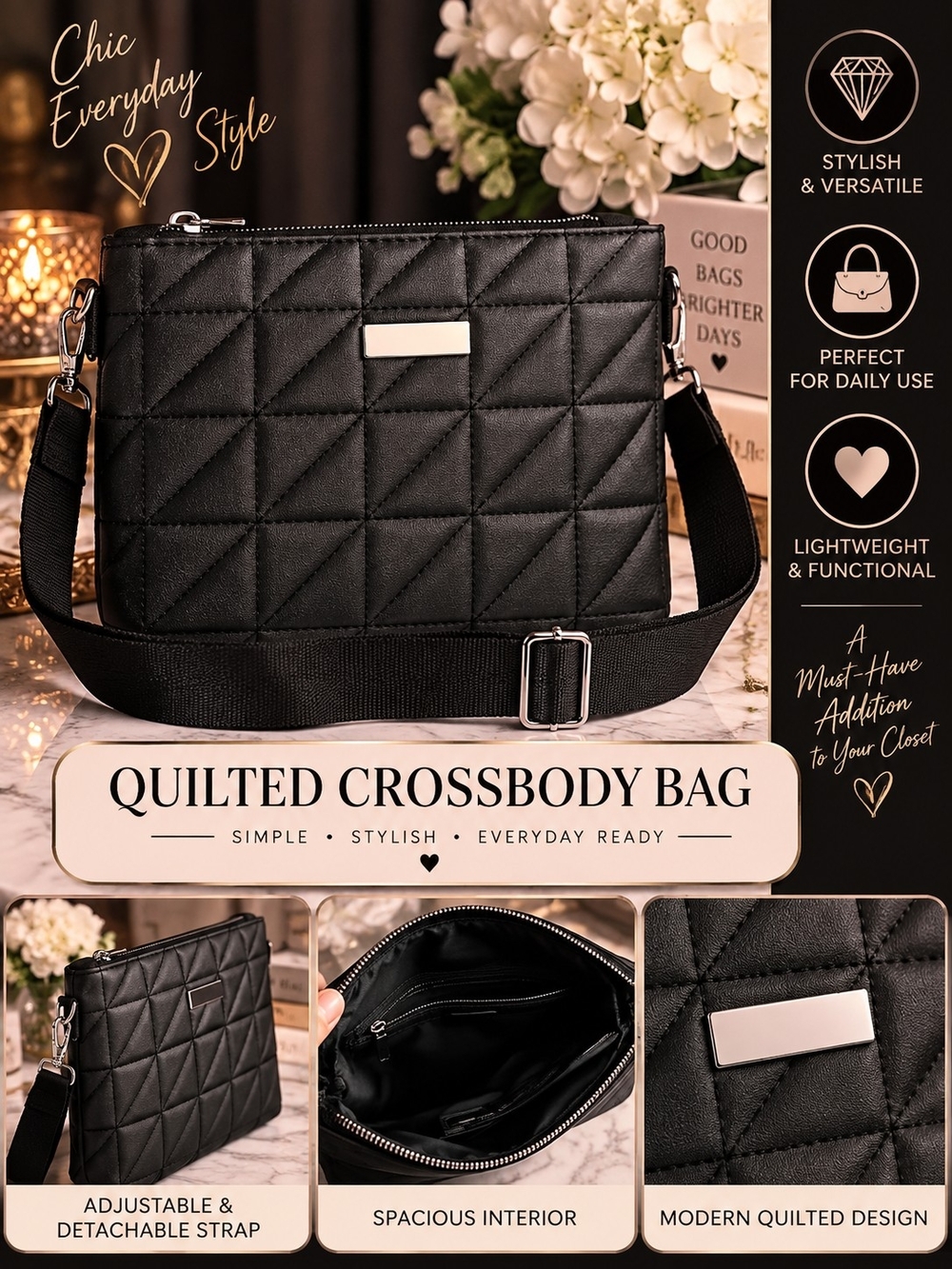Black Quilted Crossbody Bag - Stylish Everyday Carry 🩷💋